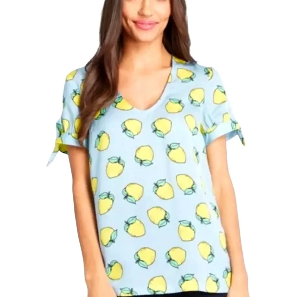 Modcloth Lemon Top Womens Medium Light Blue & Yellow V-Neck Novelty